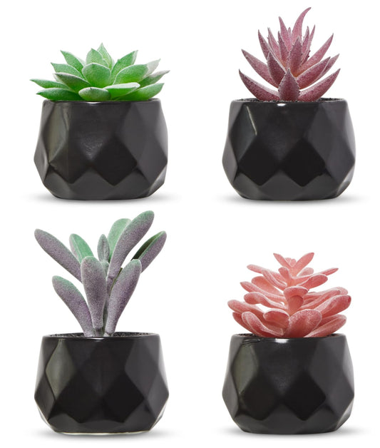 Nordik Set of 4 Desk Plants - Geometric Round Black Pots - Perfect for Bathroom, Bedroom Decor Aesthetic - Ceramic Fake Plant for Office or Living Room Decor - Ideal for Women