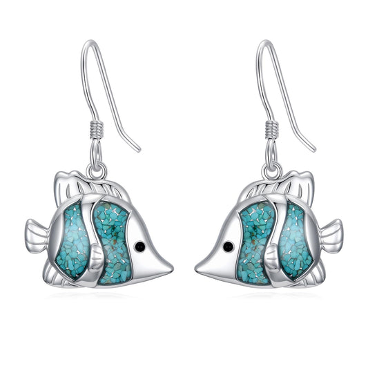 HPQQ Fish Earrings 925 Sterling Silver Turquoise Fish Dangle Earrings Ocean Beach Themed Jewelry Mother's Day Jewelry Gifts for Women