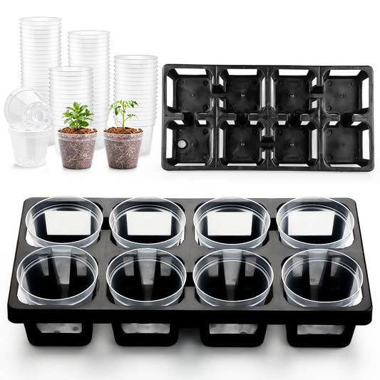 8 Cell Nursery Pot Trays 10 Pack (12"x6"x2") with 2.5 inch (6.5CM) Round Seedling Pots 80pcs (Clear), Plastic Seed Starter Tray with Removable Drain Holes for Carrying and Holding Plant Pot