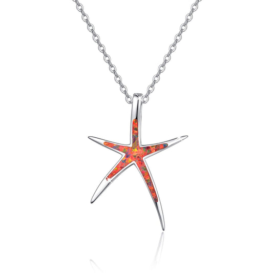 Cuoka Fire Opal Necklace 925 Sterling Silver Starfish Pendant Nautical Beach Sea Ocean Jewelry Valentine Gift for Women Girlfriend with Box