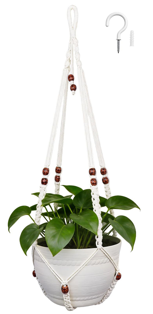 HOREAKHJ 35 Inch Macrame Plant Hanger, Large for up to 15 Inch Pot Extra Long Hanging Planter Holder Basket with Wood Beads for Indoor Outdoor Home Decor (Ivory, 1-Pack)
