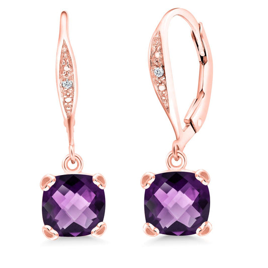 Gem Stone King Drop Dangle Earrings For Women | 7MM Cushion Cut Gemstone Birthstone and Diamond | 925 Sterling Silver | Jewelry Gift for Mom Wife Her | Amethyst-Checkerboard-February | Rose Gold