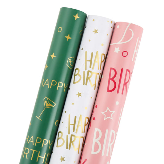 Lenpel Birthday Wrapping Paper Roll 3-Pack, 17 x 200 Inch Gift Wrap in Pink, Green & Gold, Birthday Wrapping Paper for Women, Kids and Adults, Perfect for Birthday Gift Wrapping