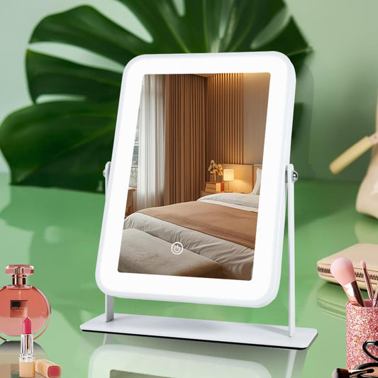 LAKFUES 9"x11" Rechargeable Desktop Makeup Mirror with LED Lights, Adjustable Brightness Lighted Vanity Mirror, Tabletop Mirror for Bedroom, Gifts for Women with 3-Color Smart Touch Dimmable Lighting