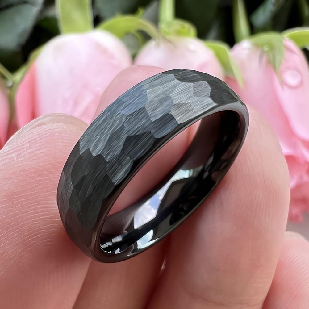 TUTISS 6mm Black Hammered Tungsten Carbide Rings for Men Women Engagement Wedding Bands Domed I Love You Engraved Comfort Fit Size 10