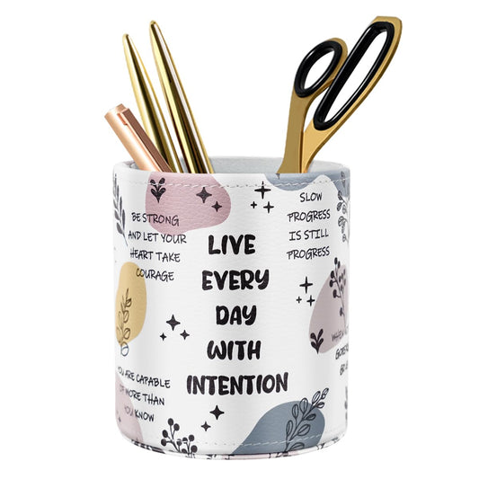 WAVEYU Desk Pen Holder Organizer Cute, Pencil Holder Cup, Makeup Brush Holder Large Pu Leather, Multi-Functional Organizer for Office, for Teens Adults Student, Inspiring Words Pattern