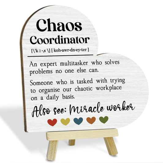 Chaos Coordinator Definition Heart Wood Table Sign for Coworker Appreciation Gifts Wood Plaque with Wooden Stand for Home Office Decor Motivational Gifts Thank You Gift for Coworkers Friends - L920