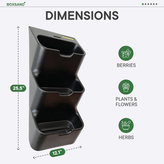 BOXSAND-6 Vertical Wall Planter (12"x26", Black, No Pots) – Living Wall for 6 Plants, Indoor/Outdoor Vertical Garden System, Easy 2-Screw Install