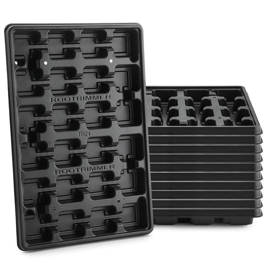 RooTrimmer 24 Cell Nursery Pots Trays 10 Pack (17"x11"x1.6"), Reusable Plastic Plant Pot Tray with Drain Holes, Carrying Seed Starter Tray for Holding 2.8 inch (7CM) Square Nursery Pots (Black)