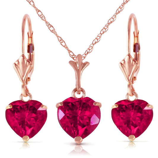 Galaxy Gold GG 14K Solid Rose Gold Lab Grown Heart Ruby Jewelry Set for Women – 4.35 Carat Necklace and Leverback Earrings, 18 Inch – Fine Jewelry