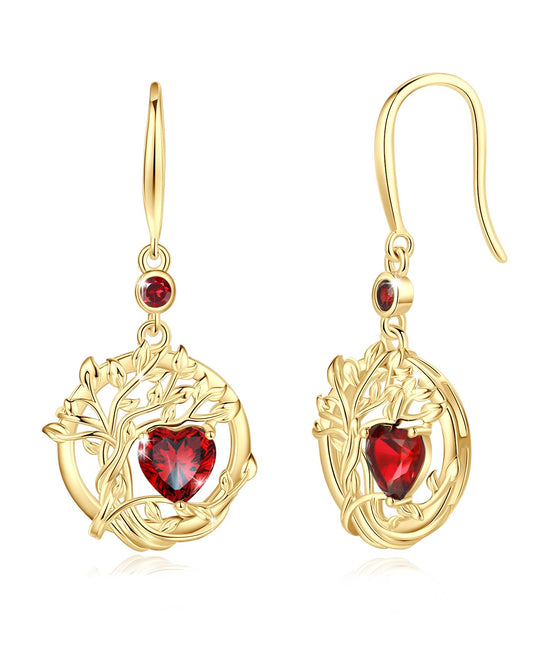 FANCIME Tree of Life Earrings 925 Sterling Silver Yellow Gold Plated Garnet Dangle Drop Gemstone Earring January Birthstone Fine Jewelry Birthday Mothers Day Gifts for Women Her