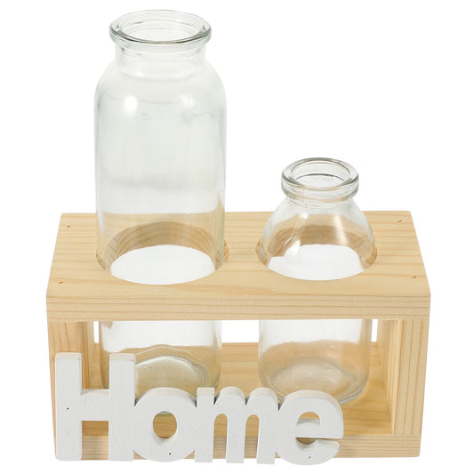 FESTFENDS Glass Terrarium Plant Vase with Wooden Stand, Hydroponic Propagation Station for Indoor Plants, Nordic Style Desktop Flower Vase Home Décor Set with 2 Glass Containers and Natural