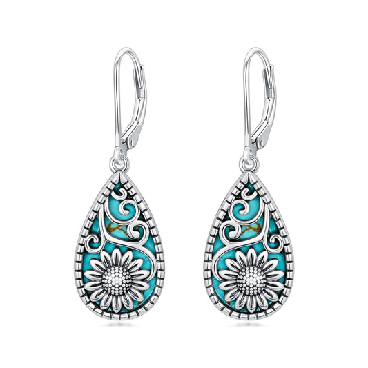 Eetaitai Turquoise Sunflower Earrings for Women 925 Sterling Silver Turquoise Dangle Drop Leverback Earrings Vintage Western Jewelry Mothers Day Gifts for Mom Wife Sister