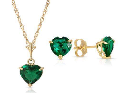 Galaxy Gold GG 14K Solid Yellow Gold Lab Grown Emerald Heart Necklace and Earring Set for Women, 18 Inch Chain, Fine Jewelry