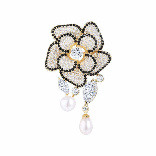 EMEGCY Tassel Camellia Brooch Pins for Women Camellia Brooch Pin 18K Gold Plated Rhinestone Flower Lapel Pin Gold Flower Jewelry Gift for Mom Wife