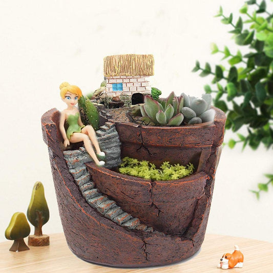 Gonetre Plants Potted Flower Pots Sweet House Fairy Garden Planter for Home Decor Office Garden Decoration Material Synthetic Size 10 X 12cm (Brown)