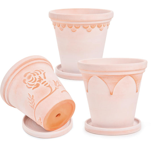 Sungmor Terra Cotta Pot Set - 3 Unique Embossed Clay Planters with Saucer & Drainage, 8 Inch Large & Deep, Pretty Color, Ideal for Orchid, Cactus, Succulent