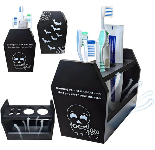 Halloween Gothic Bathroom Decor - Spooky Goth Coffin Toothbrush Holder Sides Wide Open Quick Dry, Roomy Space, Horror Bats Skull Design - 5.5" L x 4" W x 6" H