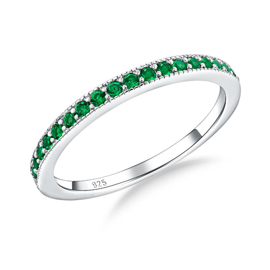 AGRULE Emerald Wedding Band Ring for Women May Birthstone Ring Sterling Silver Half Eternity Band Rings Green Anniversary Ring, Size 7