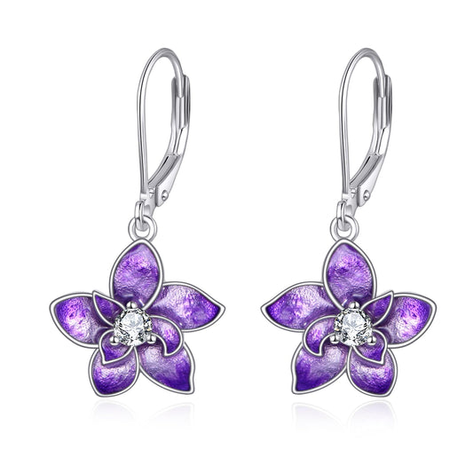 TIGER RIDER Purple Orchid 925 Sterling Silver Leverback Earrings with Birth Flower Earrings with White Zircon Jewelry Gift for Women Birthday Christmas