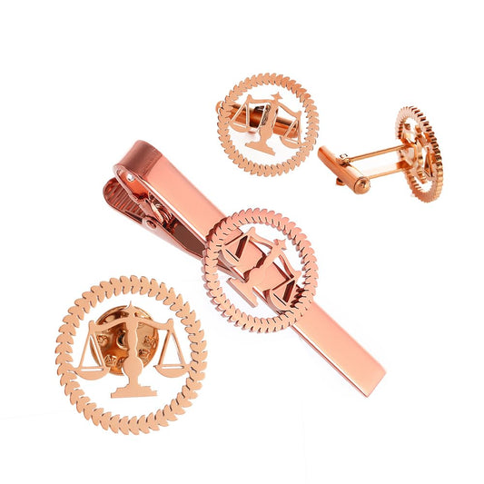 Metal Balance Badges Suit Brooch Libra Scales Brooches For Men (rose gold pin+tie clip+ cuff-link)
