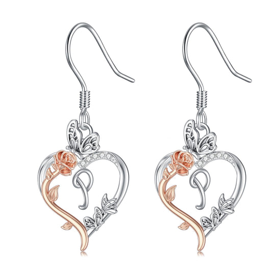 TOUPOP Rose Heart Initial Earrings Sterling Silver Butterfly Earring Initial P Letter Drop Dangle Earrings Jewelry Anniversary Birthday Mothers Day Gifts for Women Mom Wife Girlfriend Her