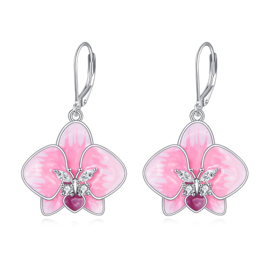 TIGER RIDER Pink Orchid 925 Sterling Silver Leverback Earrings Flora Hawaii Tropical Beach Jewelry Gift for Women Vacation Birthday Christmas