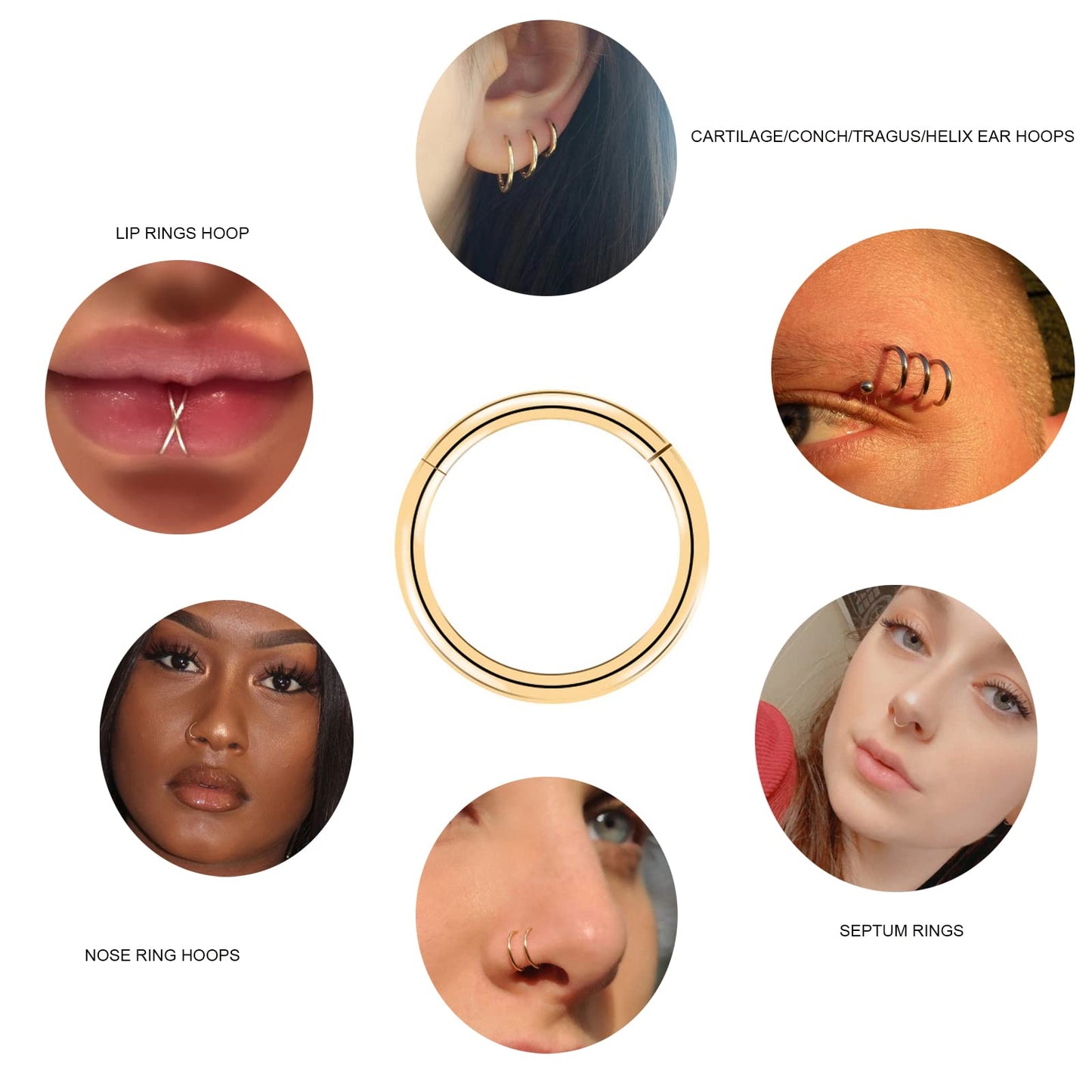 BOGKU 6pcs G23 Titanium Hinged Nose Rings Hoop 18 Gauge 7mm Nose Septum Clicker Segment Rings Cartilage Conch Tragus Helix Rook Hoop Earring Body Piercing Jewelry
