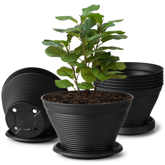 RooTrimmer 8 Inch Plastic Plant Pots with Saucers 8 Pack, Flower Pots with Drainage Holes, Sturdy Planter Pots for Indoor Outdoor, Modern Decorative Gardening Pots for Planting House Plants, Black