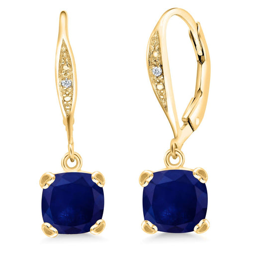 Gem Stone King Drop Dangle Earrings For Women | 7MM Cushion Cut Gemstone Birthstone and Diamond | 925 Sterling Silver | Jewelry Gift for Mom Wife Her | Blue Sapphire-September | Yellow Gold