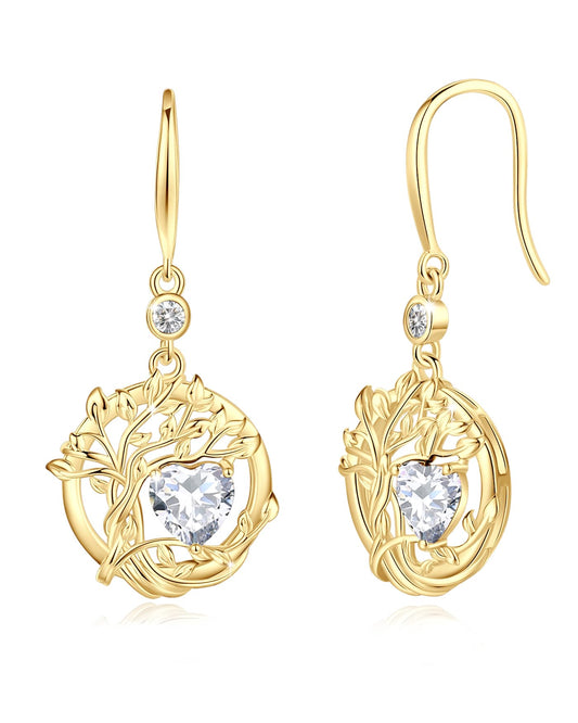 FANCIME Tree of Life Earrings 925 Sterling Silver Yellow Gold Plated CZ Cubic Zirconia Dangle Drop Simulated Diamond Earring April Birthstone Fine Jewelry Birthday Mothers Day Gifts for Mom Women