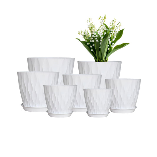 LESOASIS Flower Pots, 7/6.5/6/5.5/5/4.5/4 inch Plastic Plant Pots, 7 Pack Planter for Indoor Outdoor Plants, Nursery Planting Pot with Drainage Holes and Trays (White)