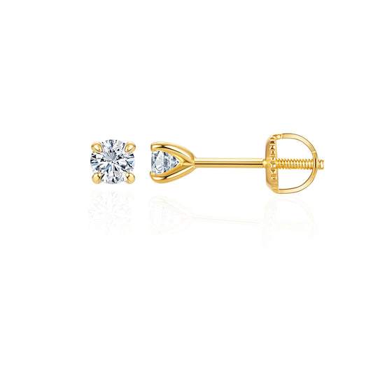Lab-Grown Diamond Stud Earrings in Hypoallergenic 925 Sterling Silver, Screw Back, 1/5 to 2 1/2 Cttw, Round Princess Cushion Cut, 4 Prong, G-H Color, SI Clarity (14k Yellow Gold Plated, 0.3 cttw (0.15ct each)-3.3mm, White Round Diamond)