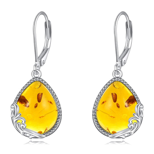 POPLYKE Amber Filigree Teardrop Drop Dangle Earrings Sterling Silver Leverback Earrings Jewelry