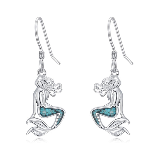 HPQQ Mermaid Earrings 925 Sterling Silver Turquoise Mermaid Dangle Earrings Ocean Beach Themed Jewelry Mother's Day Jewelry Gifts for Women