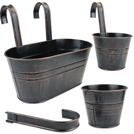 Megawodar 3 Pcs Metal Wall Hanging Planter Pots, Vintage Flower Pots for Railing Fence, Hanging Bucket Pots, Window Flower Plant Holder with Detachable Hooks Home Decor (Black)