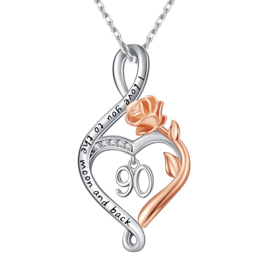 KoyeKei 90th Birthday Gifts for Women 90 Year Old Necklace 925 Sterling Silver Rose Flower Heart Infinity Pendant Jewelry Birthday Mothers Day Gift for Nana Granddaughter