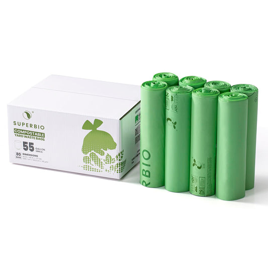 SUPERBIO 55 Gallon Compostable Yard Waste Bags, Lawn & Leaf Bags, Heavy Duty Extra Thick 1.57 Mil, (80 Count Bulk), 208.1 Liter, BPI and OK compost INDUSTRIAL