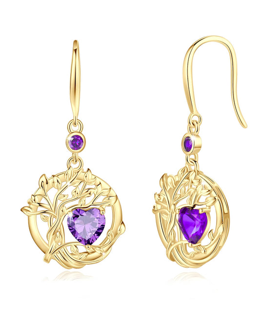 FANCIME Tree of Life Earrings 925 Sterling Silver Yellow Gold Plated Amethyst Dangle Drop Purple Gemstone Earring February Birthstone Fine Jewelry Birthday Mothers Day Gifts for Wife Her Women