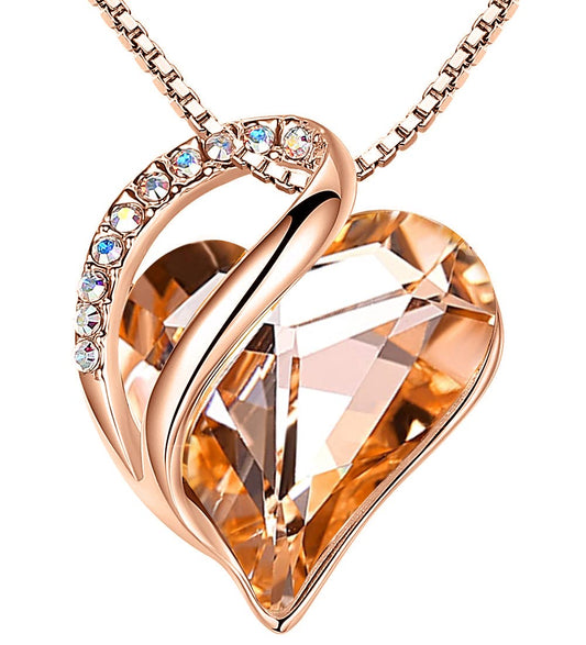 Leafael Gifts for Women Rose Gold Plated Necklaces: Heart Shaped Orange Healing Crystals, Cubic Zirconia, Hypoallergenic Chain (18"+2"), Jewelry for Anniversaries and Birthdays