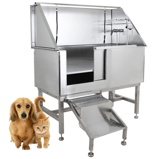 CHEINAUTO 50" Pet Dog Grooming Tub, Stainless Steel Dog Bath Tub Professional Wash Station for Large Dog with Steps Faucet & Accessories, Left Door