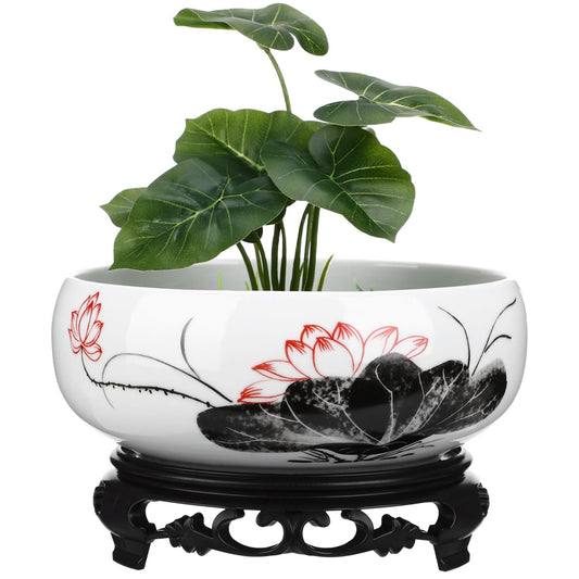 HANABASS Ceramic Lotus Bowl, Water Lily Bowl, Hydroponic Flower Planter Pot Round Ceramic Indoor Pot with Plastic Holder for Plants Modern Decorative Container for Home Office and Garden