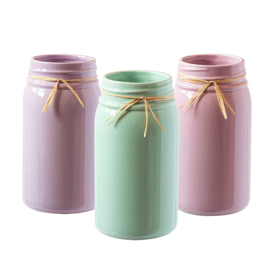 Royal Imports Ceramic Mason jar Planter, Decorative Plant Flower Vase for Indoor Outdoor Garden, Patio, Balcony, Porch, Windowsill, Home - Spring Pastel Colors, Set of 3, Lavender, Pink, Green