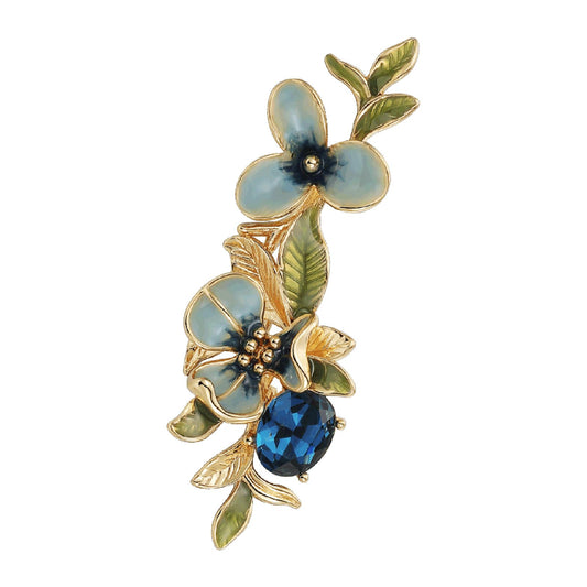 Irises Flower brooches and pins for women, Hand-driping Oil brooch pins inlaid with artificial crystals, SHE'S FREE STYLE JUST FOR YOU Green leaf safety pins enameled jewelry pins and brooches (Blue)