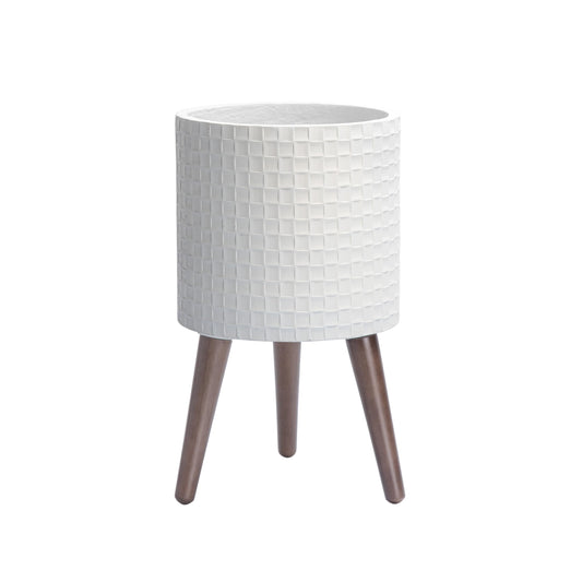 D'vine Dev 10 Inch Modern Geometric Tile Patterned Sleek Planter Pot with Stand, Indoor Outdoor Decorative Plant Holder, Matte White, 88-Z-B-1
