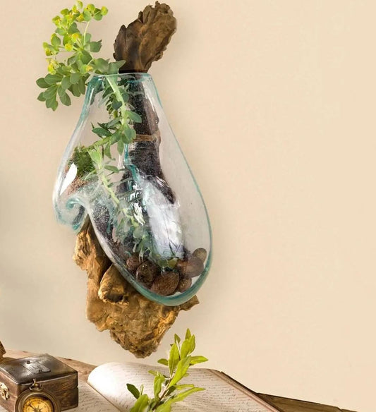 OMA Handcrafted Molten Glass on Driftwood Wall Planter Vase – Unique Hanging Terrarium & Decorative Sculpture – Rustic Coastal Wall Art for Succulents, Air Plants, Indoor Décor - Artisan Boho Gift