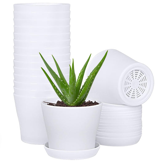 JERIA 16-Pack 4" Plastic Flower Plant Pots Thickened Seedlings Nursery Pots, Flower Plant Container Seed Starting Pots with Pallet (White)