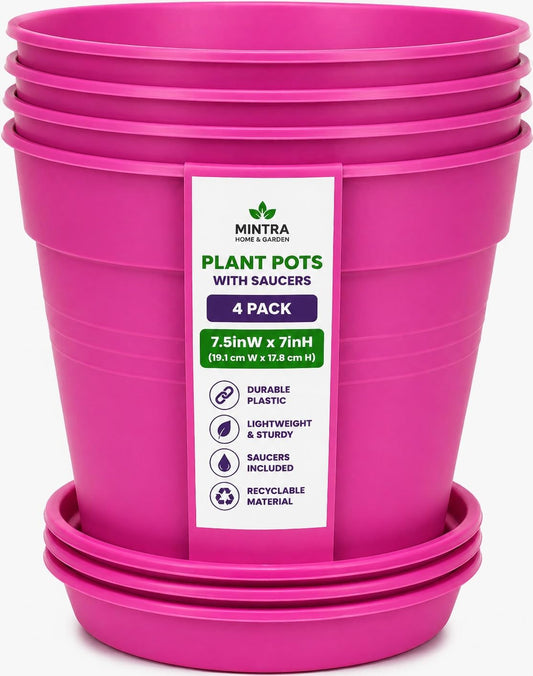 Mintra Garden Pots, 4 Pack Bulk Plastic Plant Pots with Drainage Tray, Round Indoor & Outdoor Decorative Planters with Drain Holes for Flowers, Herbs & Plants, 19cm Diameter – Fuchsia, 7.5in Wide