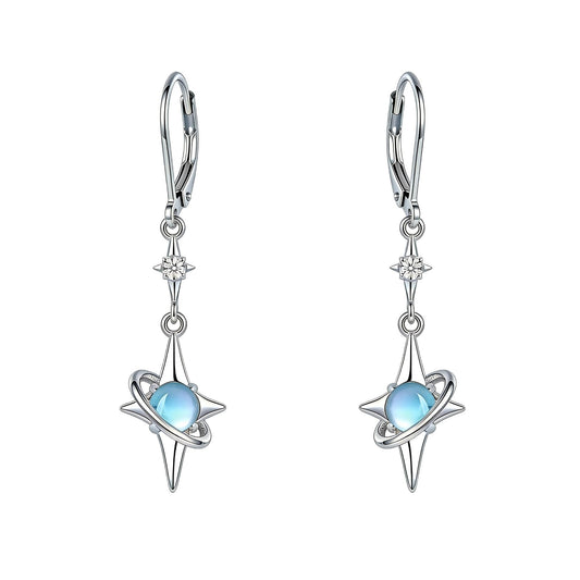 North Star Earrings 925 Sterling Silver Star Dangling Drop Earrings with Moonstone Jewelry Gifts for Women