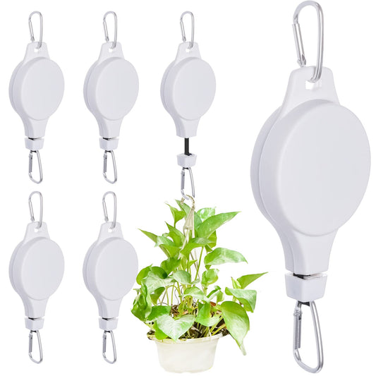 Haakong 6 Pcs Retractable Plant Hanger, Easy Reach Plant Pulley Adjustable Height Wheel for Hanging Plants - Heavy Duty for Garden Baskets Pots & Birds Feeder - White